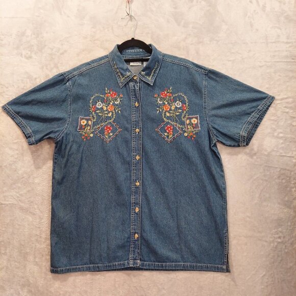 Bobbie Brooks blouse 14w Vintage Embroidered Flowers Garden Button Shirt Retro c - Picture 15 of 15